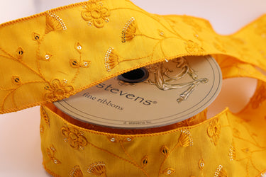 Sequin Embroidered Floral Dupion Ribbon – Golden Rod 2.5" x 10yd (d. stevens)