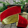 Lush red d. stevens velvet wired ribbon with metallic light gold backing, 2.5 inches wide by 10 yards, displayed on a spool with gold trim.