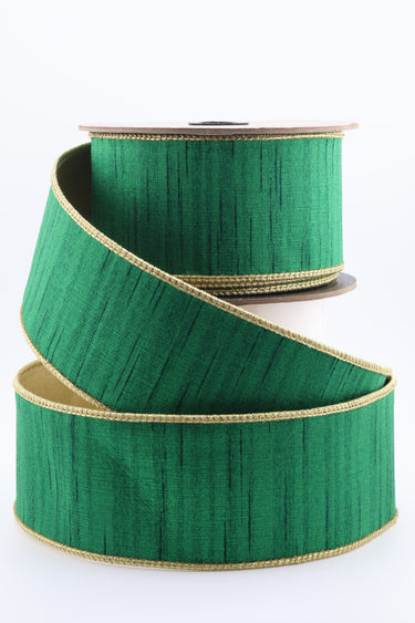 Emerald Green Slub Dupion Ribbon w/ Metallic Gold Back 2.5" x 10yds (d. stevens)