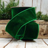 Emerald green velvet dot wired ribbon with faux dupioni backing on a 2.5-inch by 10-yard roll.