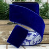 Royal blue velvet wired ribbon with blue-and-white chinoiserie dupioni backing, 2.5 inches wide by 10 yards.