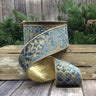 Dusty blue velvet wired ribbon with a gold glitter trellis pattern and metallic gold backing, 2.5 inches wide by 10 yards.