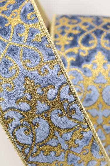 Dusty Blue Velvet Ribbon with Gold Glitter Trellis Pattern & Metallic Gold Backing – 2.5" x 10 Yards (d. stevens)