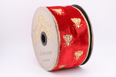 Red Velvet Wired Ribbon with Gold Embroidered Bees – 2.5" x 5 Yards (d. stevens)