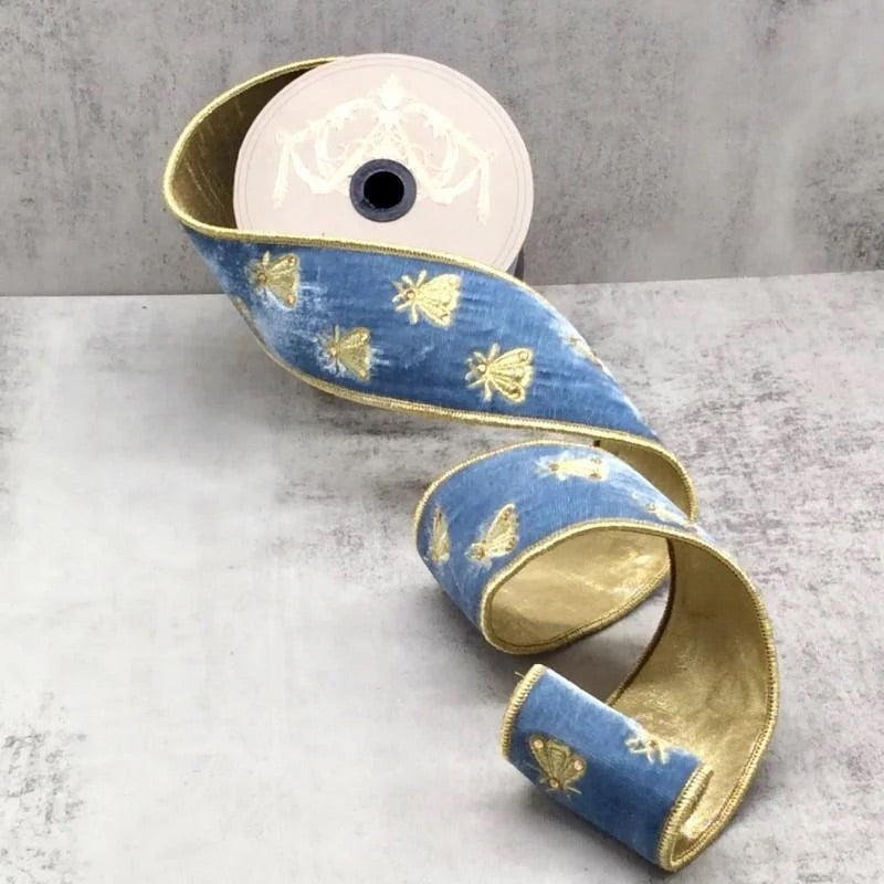 DStevens Dusty Blue Velvet Ribbon with Gold Embroidered Bees – 2.5