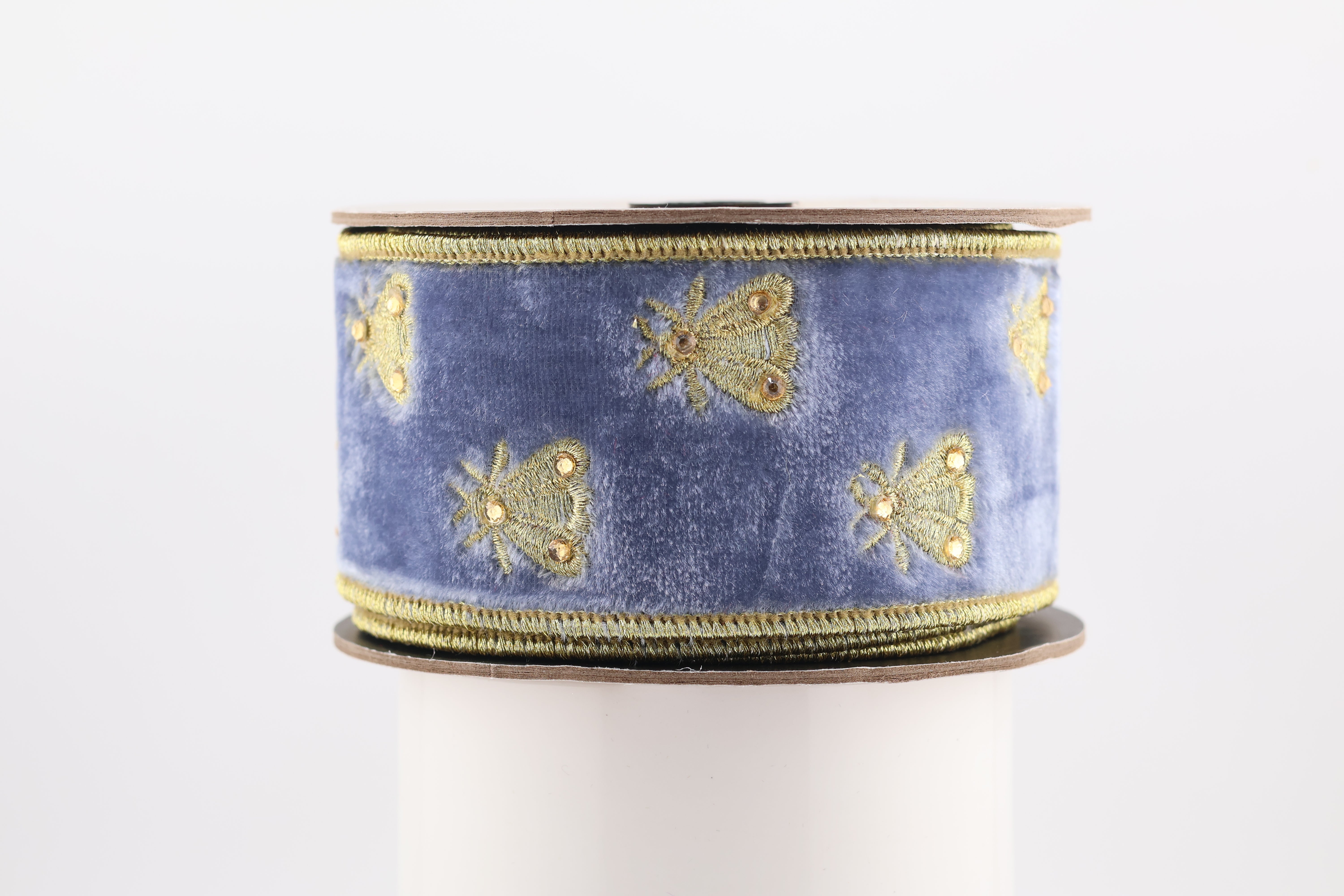 DStevens Dusty Blue Velvet Ribbon with Gold Embroidered Bees – 2.5