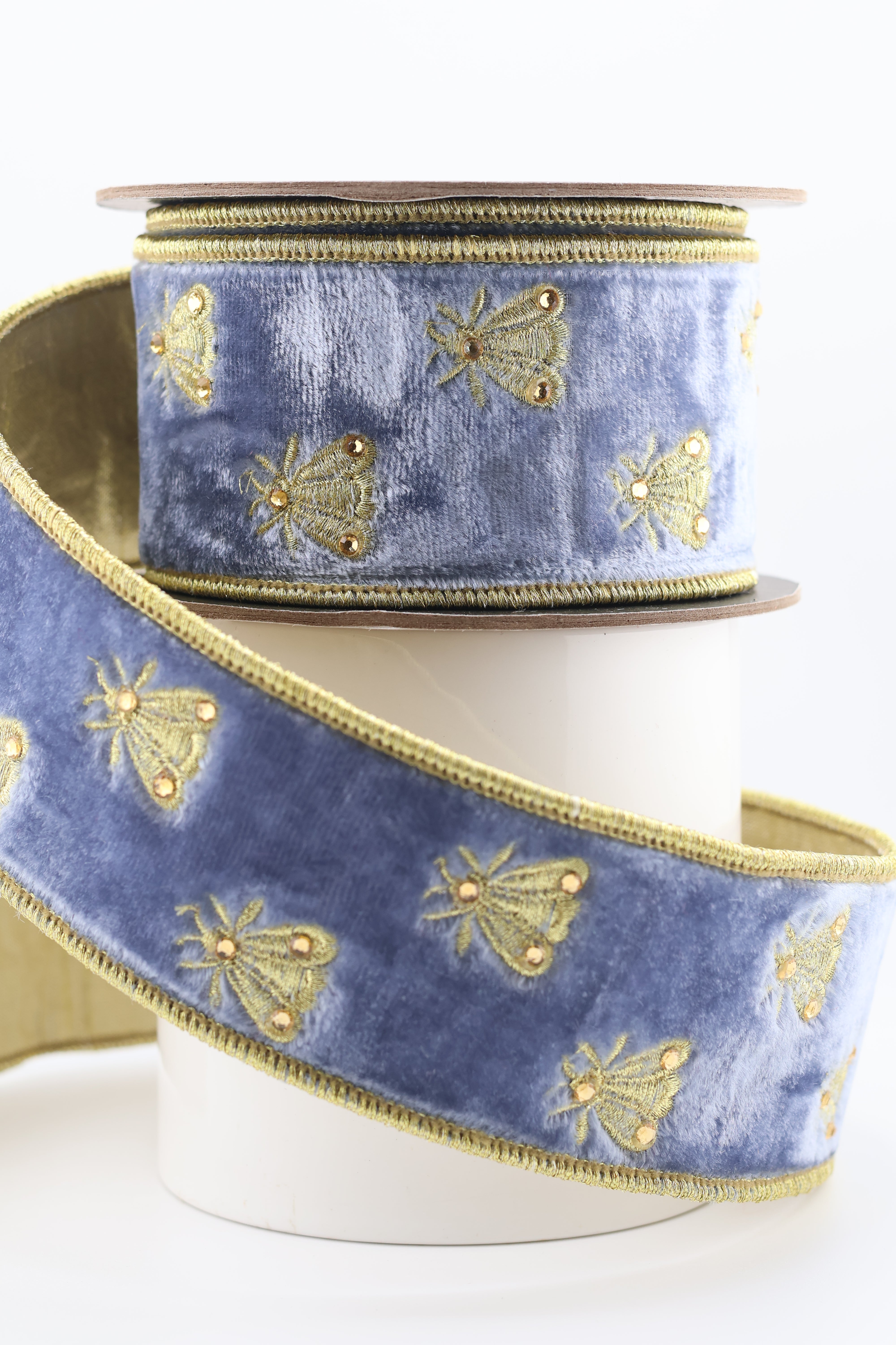 DStevens Dusty Blue Velvet Ribbon with Gold Embroidered Bees – 2.5