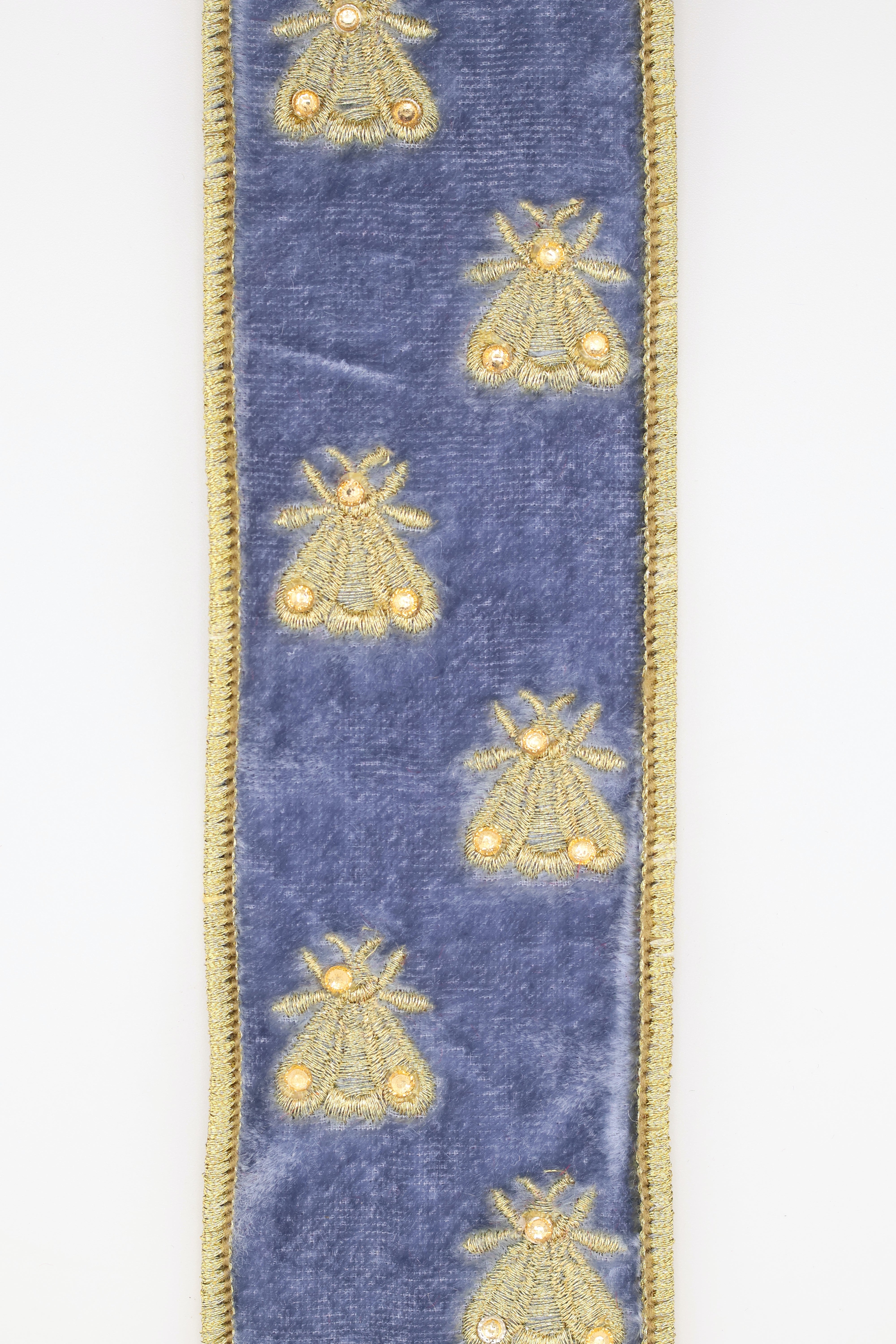 DStevens Dusty Blue Velvet Ribbon with Gold Embroidered Bees – 2.5