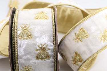 White Velvet Wired Ribbon with Gold Embroidered Bees – 2.5" x 5 Yards (d. stevens)