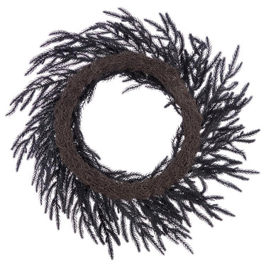 Back of 24-inch black flocked willow pine wreath showing the dark twig-style circular base and attached branches