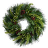 A 24 inch artificial mixed pine wreath with pine cones and faux berries, predominantly green with natural brown accents.