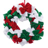 24-inch Christmas wreath decorated with plush red, green, and white velvet bows featuring a fabric-covered backing and hanging loop.