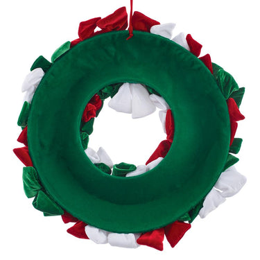 Back side of 24-inch Christmas wreath decorated with plush red, green, and white velvet bows featuring a fabric-covered backing and hanging loop.