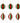 Set of six red, emerald green, and white striped Christmas ornaments in round and teardrop shapes with gold caps.