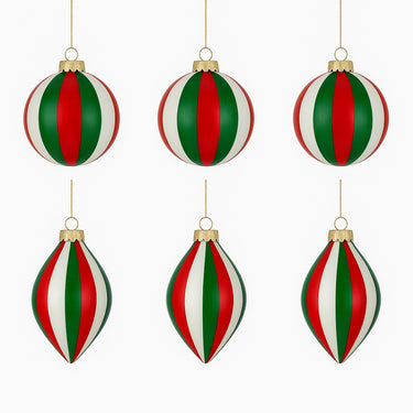 Set of six red, emerald green, and white striped Christmas ornaments in round and teardrop shapes with gold caps.