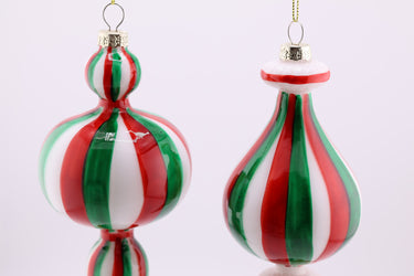 Striped Glass Finial Ornament Set – Red, Emerald & White - Set of 6