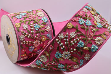 Jewel Floral Appliqué Ribbon - Dupion - Pink & Blue - 3.75" x 5 yds (d.stevens)