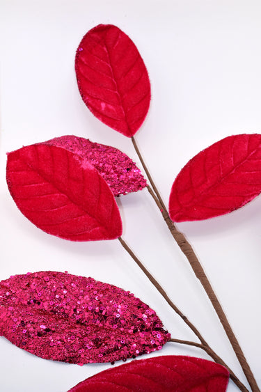 Hot Pink Magnolia Leaf Spray, Velvet & Glitter, 30"L