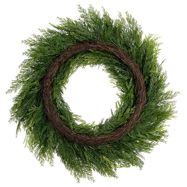 Green wreath with brown rustic base on a white background