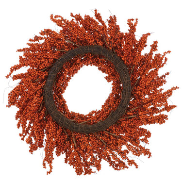 Back of 31-inch orange berry fall wreath showing the dark circular twig-style base and attached berry branches