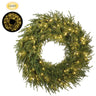 Lit 36-inch pre-lit wild pine Christmas wreath with realistic artificial pine branches, durable metal frame, and 200 warm white LED lights for holiday decorating.