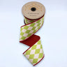 Lime green and white dupioni harlequin wired ribbon with solid red backing and red edges, 3 inches wide by 10 yards.