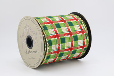 Green/Red/Ivory Holiday Plaid Linen Ribbon - 4" x 10 yds (d. stevens)