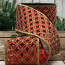 Red and gold metallic floral ribbon with wired edges, 4" x 10 yards