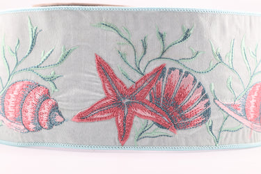 Celadon Dupion Wired Ribbon with Embroidered Seashells & Coral   – 4" x 5 Yards (d. stevens)