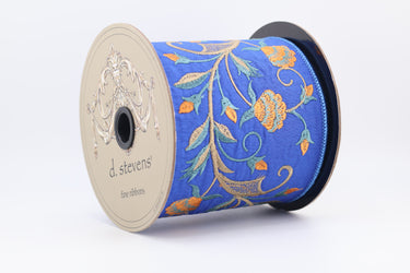 Royal Blue Faux Dupioni Wired Ribbon with Orange Floral Embroidery – 4" x 5 Yards (d. stevens)