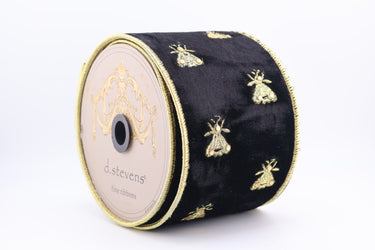 Black Velvet Wired Ribbon with Gold Embroidered Bees – 4" x 5 Yards (d. stevens)