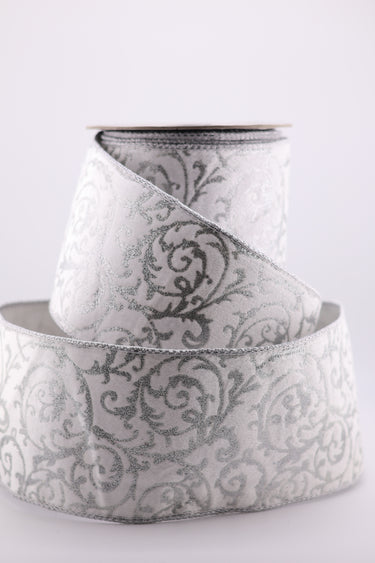 Velvet Acanthus Ribbon – White with Silver Glitter - 4" x 10yd (d. stevens)
