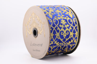 DStevens cobalt blue velvet ribbon with gold glitter treillage pattern on spool