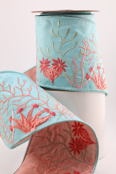 Sea Glass Blue Dupioni Wired Ribbon with Coral & Sea Anemone Embroidery – 4" x 5 Yards (d. stevens)