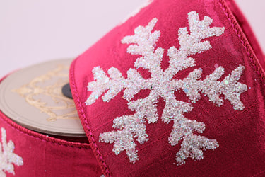 Hot Pink Metallic Dupion Ribbon with Iridescent Glitter Snowflake Design – 4" x 5 Yards (d. stevens)