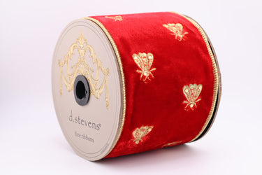 Red Velvet Wired Ribbon with Gold Embroidered Bees – 4" x 5 Yards (d. stevens)