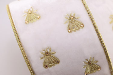 White Velvet Ribbon with Gold Embroidered Bees - 4" x 5yds (d. stevens)