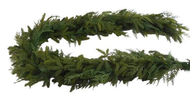 6-foot UV protected faux garland featuring realistic spruce and cypress greenery for indoor and outdoor holiday decorating, mantels, railings, and entryways.