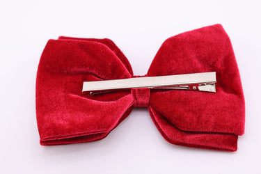 Red bow tie with a silver clip on a white background