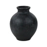 A small matte black ceramic pot with a rounded bulbous body and a short flared rim, shown against a plain white background.