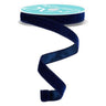 Roll of 7/8-inch navy blue velvet ribbon with gold satin backing and decorative gold edges, 10 yards long.