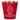 Red metal Christmas pot cover with a white tree, Merry Christmas lettering, gold-tone rim, and tapered shape.