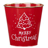 Red metal Christmas pot cover with a white tree, Merry Christmas lettering, gold-tone rim, and tapered shape.