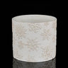 8-inch wide by 7-inch tall whitewashed cement planter with embossed snowflake design