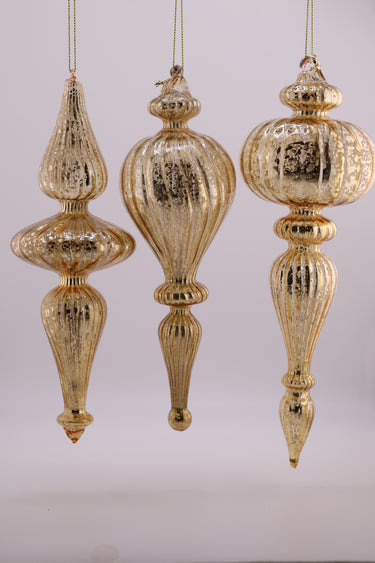 Shiny Gold Mercury Glass Finial Ornaments, 9.5" & 10" (Set of 3)