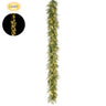 Lit nine-foot pre-lit wild pine Christmas garland with full artificial evergreen foliage and 200 warm white LED lights, measuring 14 inches wide.