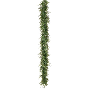 Unlit nine-foot pre-lit wild pine Christmas garland with full artificial evergreen foliage and 200 warm white LED lights, measuring 14 inches wide.