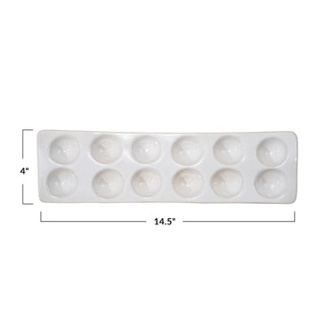 Stoneware Egg Holder Tray – White Reactive Glaze 12-Egg Storage Display Dish (14.5")