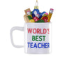 Cody Foster World’s Best Teacher Mug glass ornament shaped like a white mug filled with colorful school supplies and a gold hanging cord.