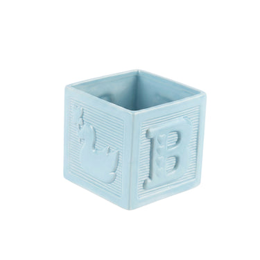 A light blue square ceramic planter with embossed details, featuring a duck design on one side and a large letter 'B' with hearts on the front, set against a plain white background.